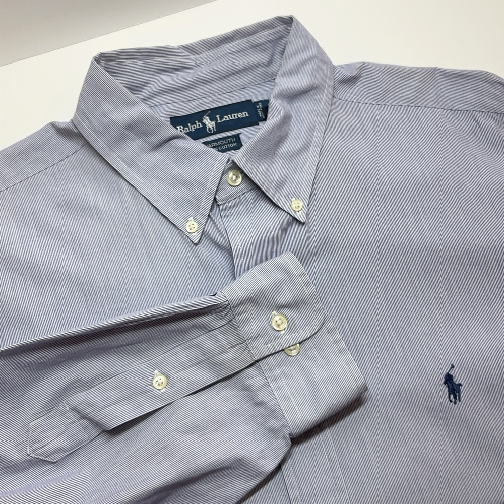 Ralph Lauren Mens Shirt Yarmouth L‎ 17 32/33 Blue Stripe Pony Logo Preppy Office